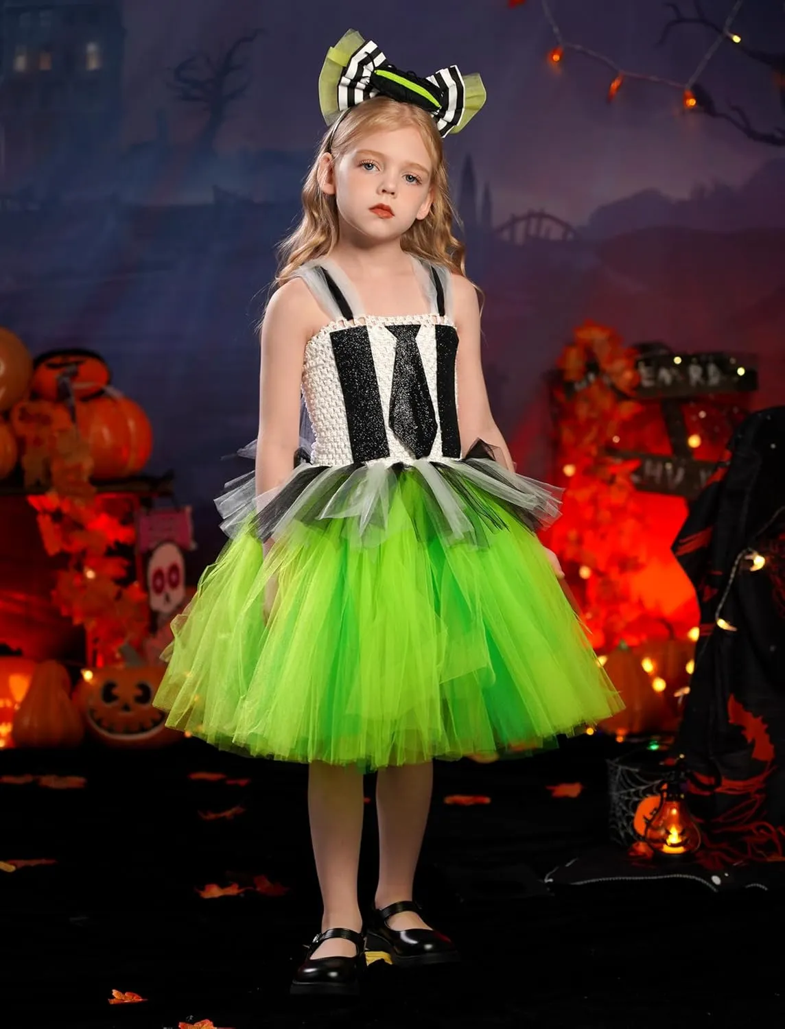 Toddler Halloween Outfit FYMNSI Kids Girls Halloween breeze assistance suite display reappear Cosplay Costume Black White Striped Tulle Tutu Dress and Headband 2PCS 