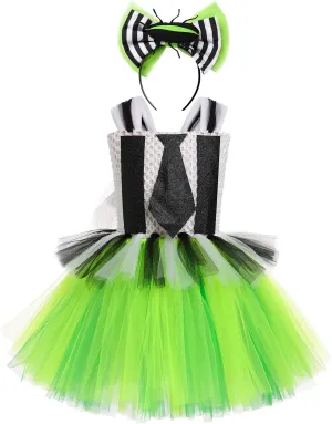 Toddler Halloween Outfit FYMNSI Kids Girls Halloween breeze assistance suite display reappear Cosplay Costume Black White Striped Tulle Tutu Dress and Headband 2PCS 