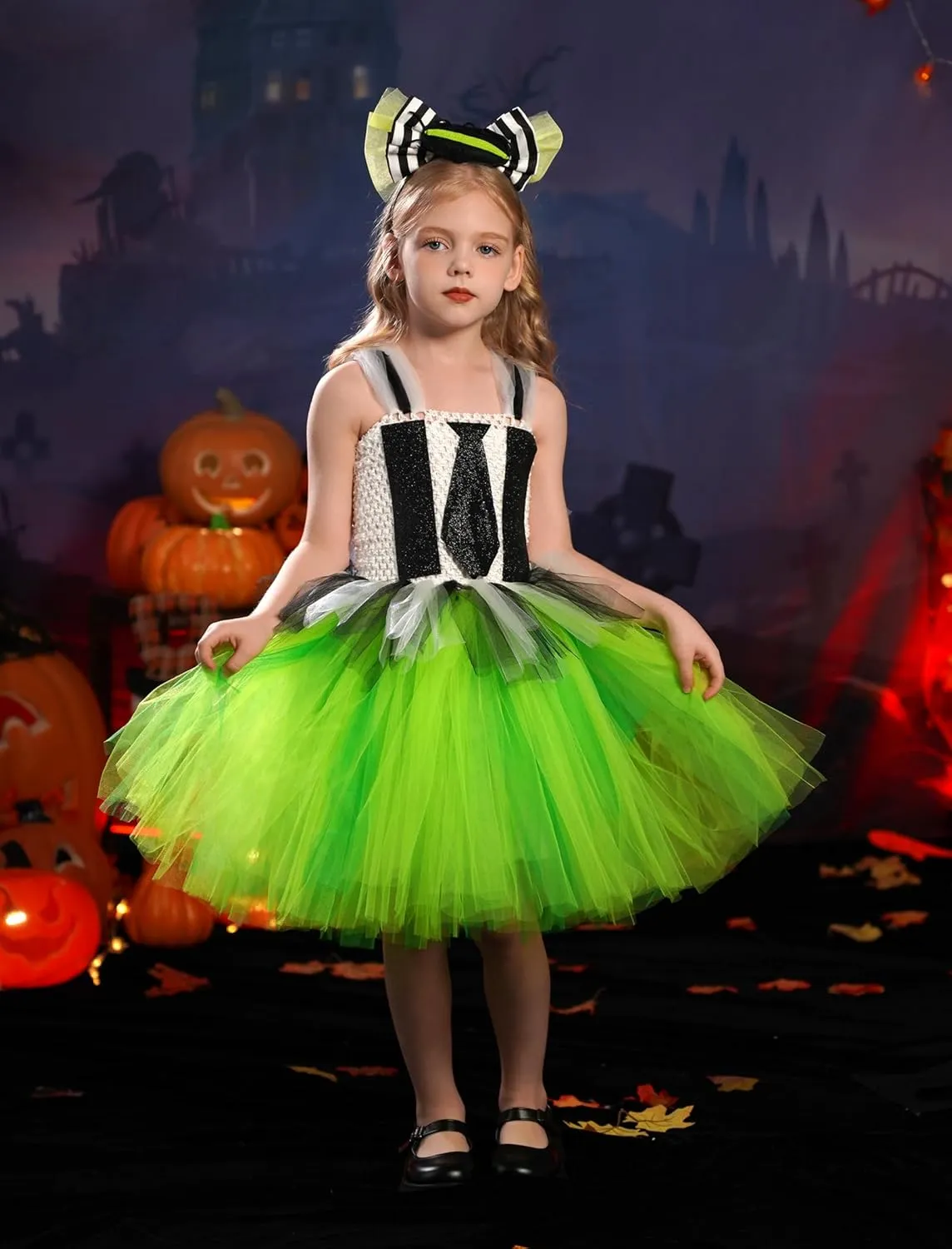 Toddler Halloween Outfit FYMNSI Kids Girls Halloween breeze assistance suite display reappear Cosplay Costume Black White Striped Tulle Tutu Dress and Headband 2PCS 