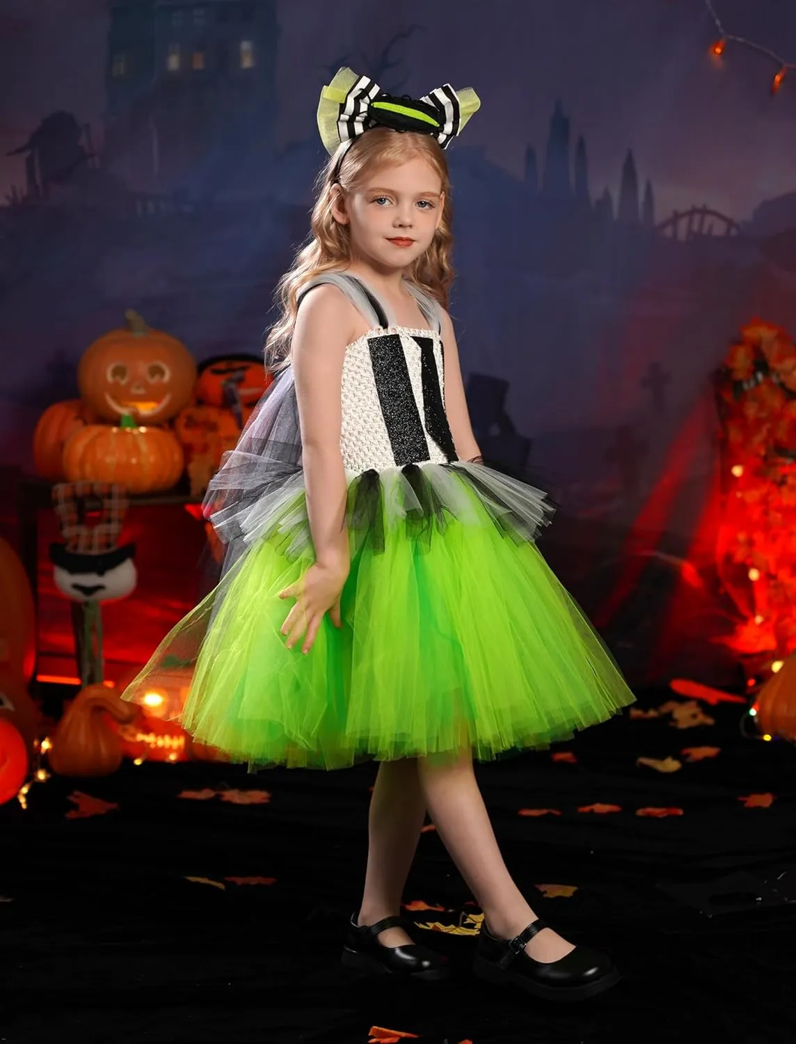 Toddler Halloween Outfit FYMNSI Kids Girls Halloween breeze assistance suite display reappear Cosplay Costume Black White Striped Tulle Tutu Dress and Headband 2PCS 