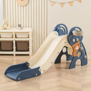 Toddler Playground Slide (Blue) 4 in 1 Toddler Slide$Freestanding Kid Slides$Baby comfort wicker Plastic Foldable Slides with Basketball Hoop and Ball$Indoor and Outdoor 