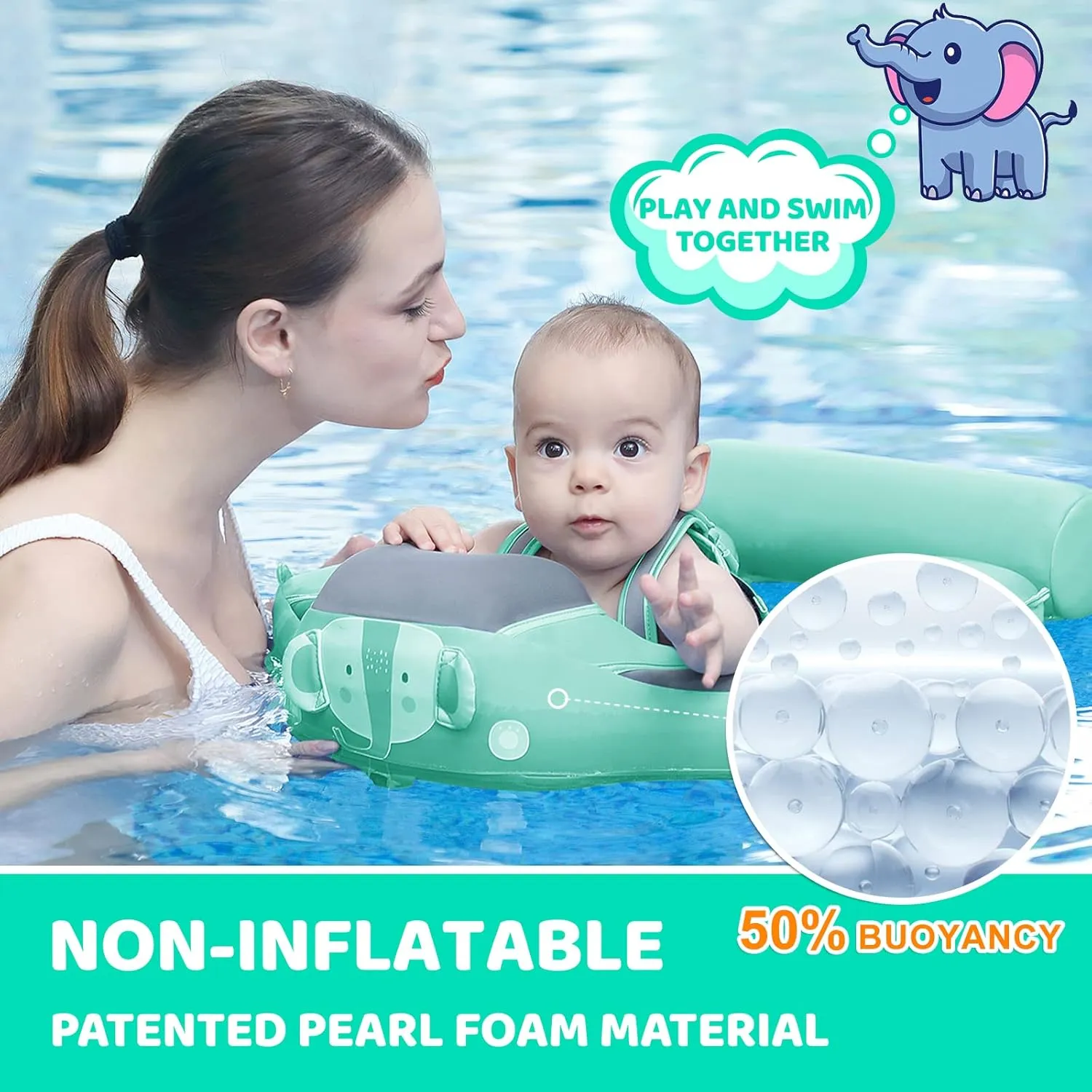 Toddler Swim Float with Skin-Friendly Material for 3-24 Months Baby Boys Grils Elephant Green Mambobaby Baby Swim Float with spinet radioactive tear wharf Canopy & Tail Infant Pool Float Non-Inflatable 