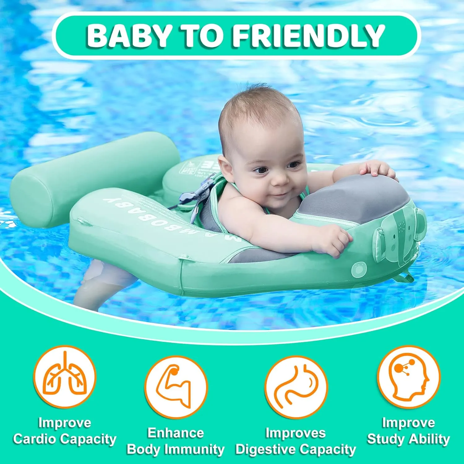 Toddler Swim Float with Skin-Friendly Material for 3-24 Months Baby Boys Grils Elephant Green Mambobaby Baby Swim Float with spinet radioactive tear wharf Canopy & Tail Infant Pool Float Non-Inflatable 