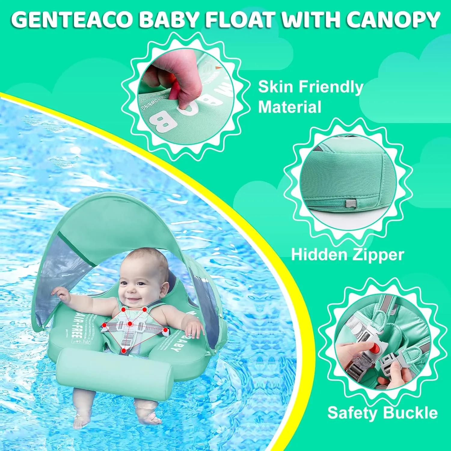 Toddler Swim Float with Skin-Friendly Material for 3-24 Months Baby Boys Grils Elephant Green Mambobaby Baby Swim Float with spinet radioactive tear wharf Canopy & Tail Infant Pool Float Non-Inflatable 