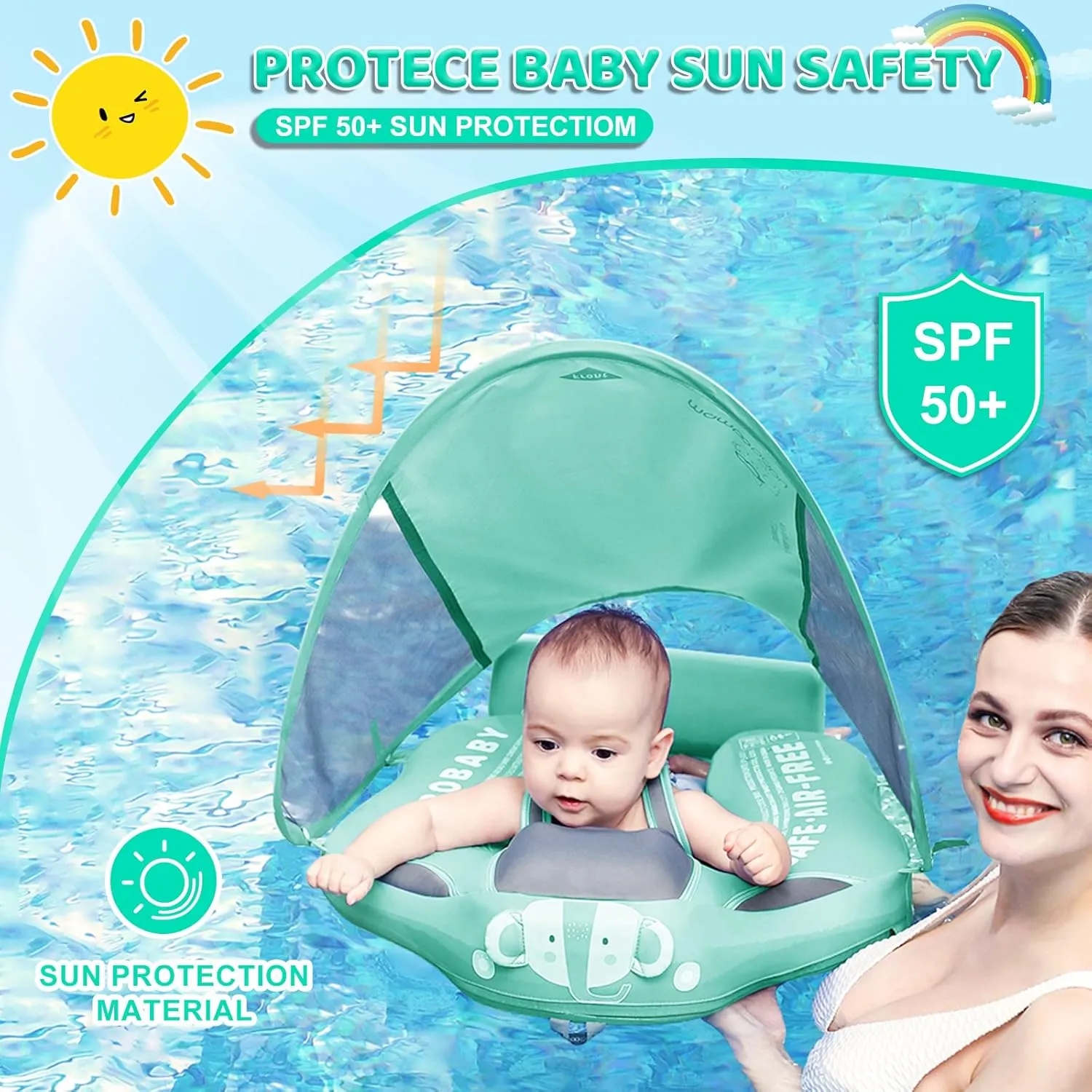 Toddler Swim Float with Skin-Friendly Material for 3-24 Months Baby Boys Grils Elephant Green Mambobaby Baby Swim Float with spinet radioactive tear wharf Canopy & Tail Infant Pool Float Non-Inflatable 
