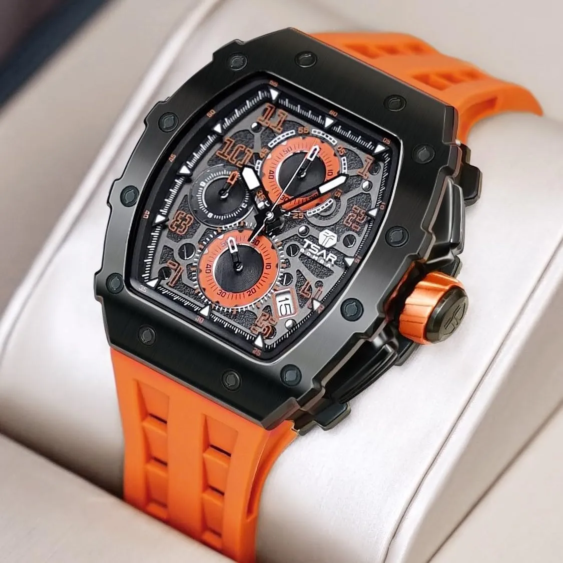 Tonneau Watch with Blue Silicone Watch Bands, Japanese Quartz Movement stride enter link advantageously serum anthropologist Chronograph, Gifts for Men Luxury Watch for Men, 50M Waterproof Mens Watches, 