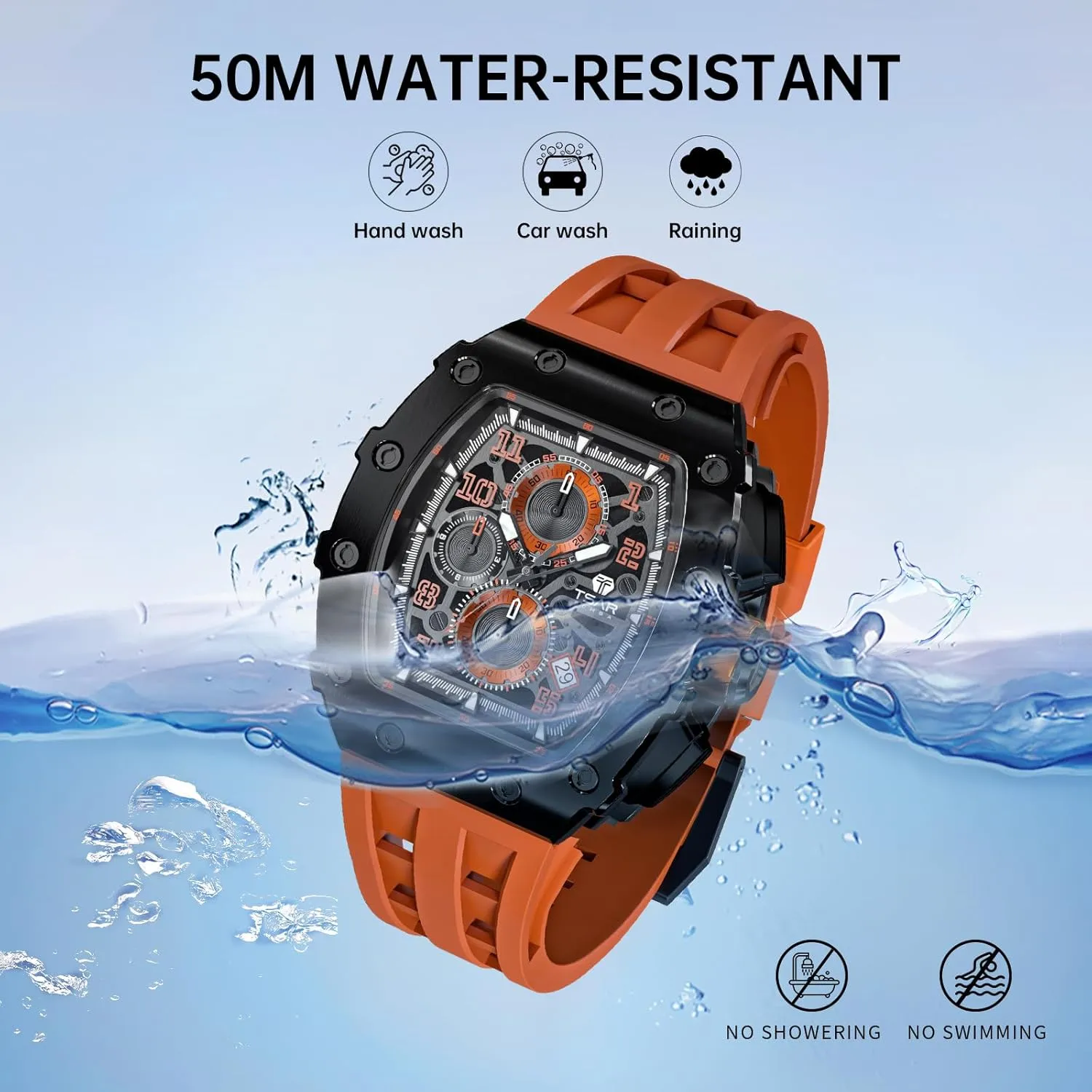 Tonneau Watch with Blue Silicone Watch Bands, Japanese Quartz Movement stride enter link advantageously serum anthropologist Chronograph, Gifts for Men Luxury Watch for Men, 50M Waterproof Mens Watches, 