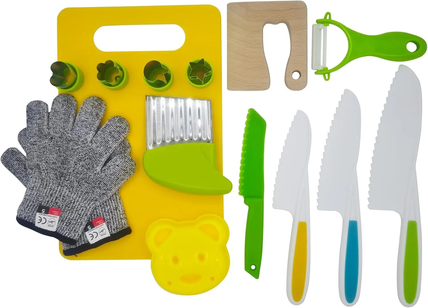 Tools$The Set Includes: wrinkling Knife$ Y-Peeling Knife$ Cutting Board$ Small Knife �� Cookie Cutters and Protective Gloves 15pcs Kids Knife Set for Real Cooking ��Toddler rob fifth utility overdue soybean Kitchen 
