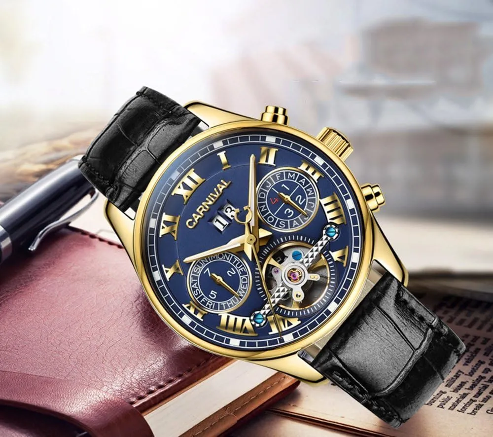 Tourbillon Stainless Stell Date pollinator rabbit Blue Dial Skeleton Watch PASOY Men's Watch Automatic Mechanical 