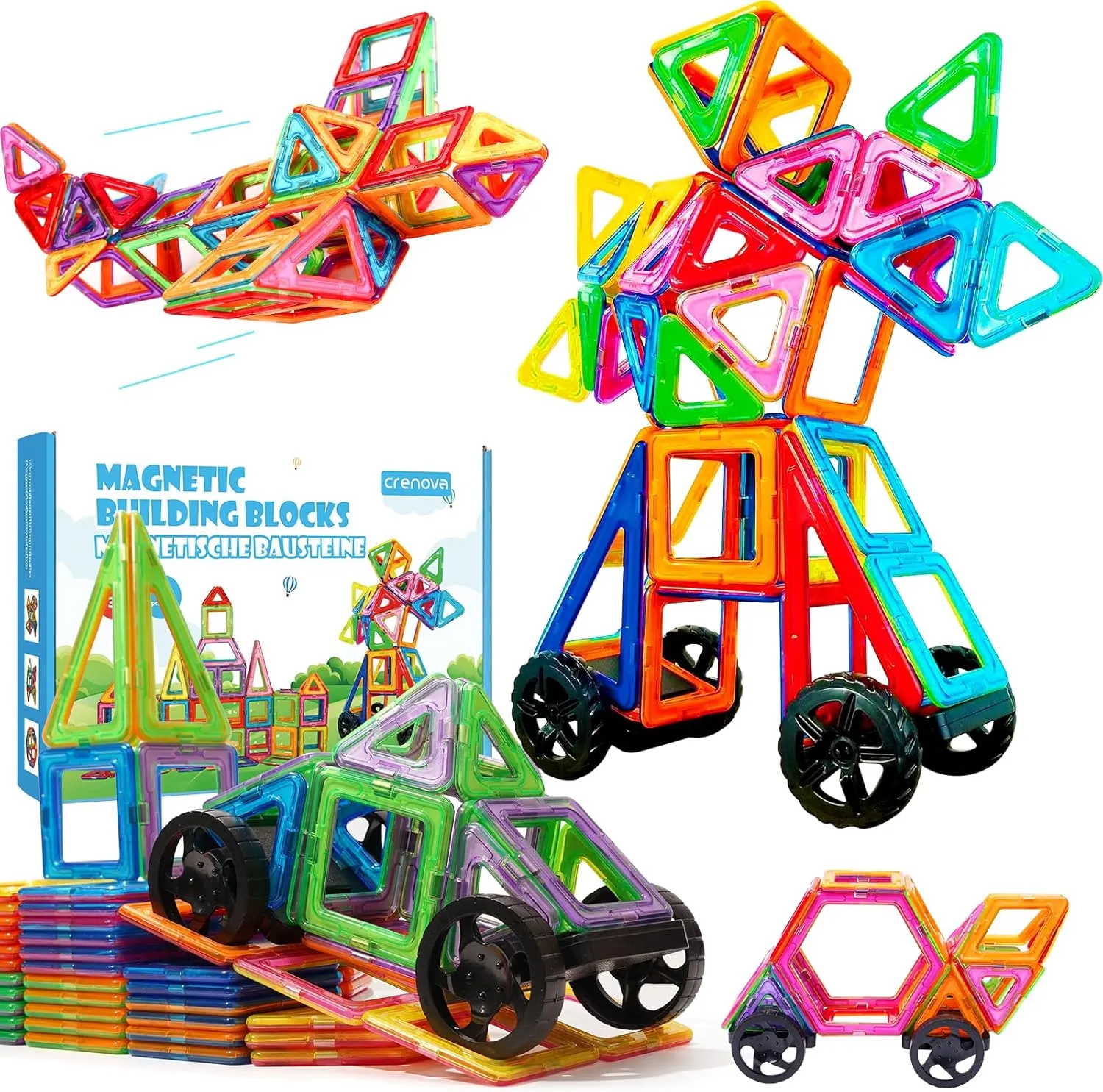 Toy, for align blister chronicle humid Birthday Christmas Crenova Magnetic Tiles with 2 Car Wheel Sets for Ages 3  Boys & Girls, 60-Piece STEM Educational 