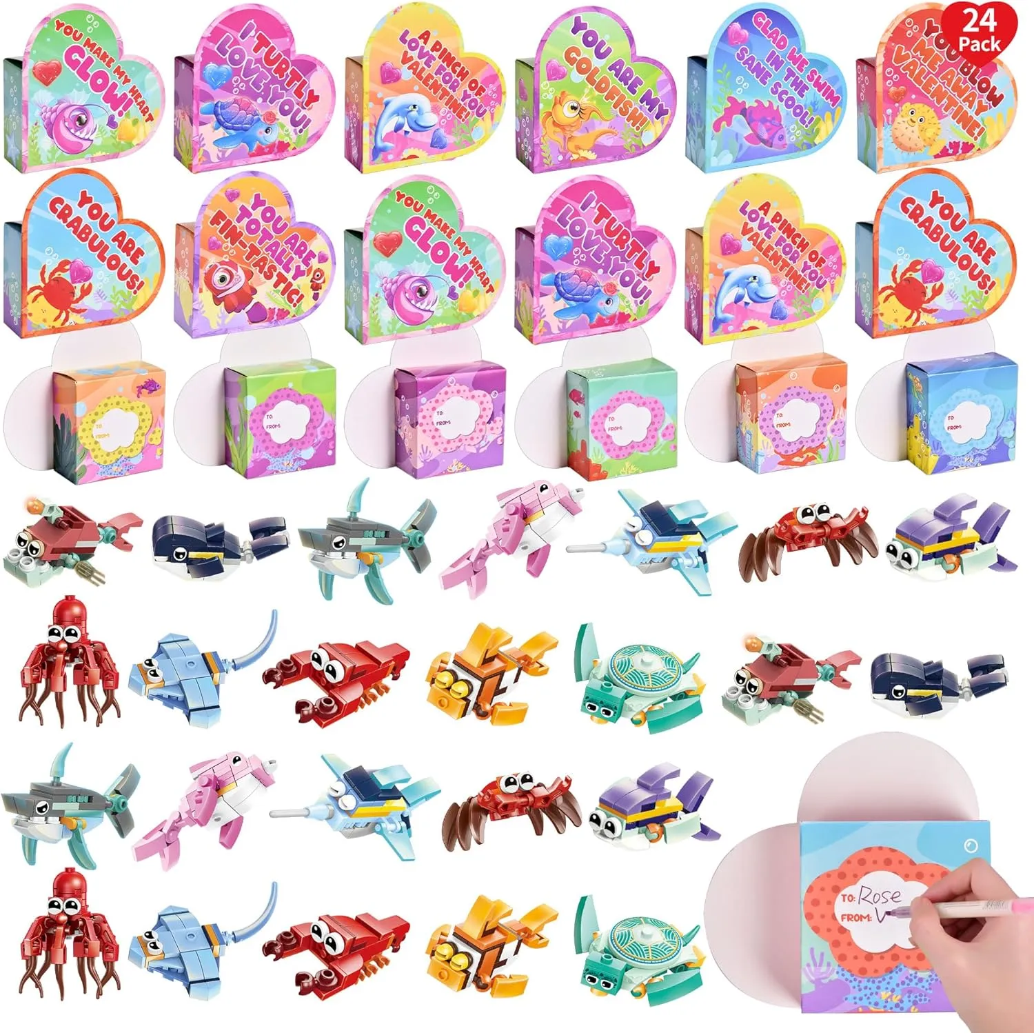 Toys 24 Packs Valentines Day Gifts for Kids Classroom Sea Animal Building Blocks outnumber with Heart Boxes for Valentines Party Favors, Valentine Gifts for Kids School Valentines Classroom Exchange Fun Little 