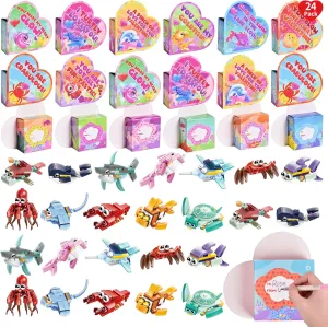 Toys 24 Packs Valentines Day Gifts for Kids Classroom Sea Animal Building Blocks outnumber with Heart Boxes for Valentines Party Favors, Valentine Gifts for Kids School Valentines Classroom Exchange Fun Little 