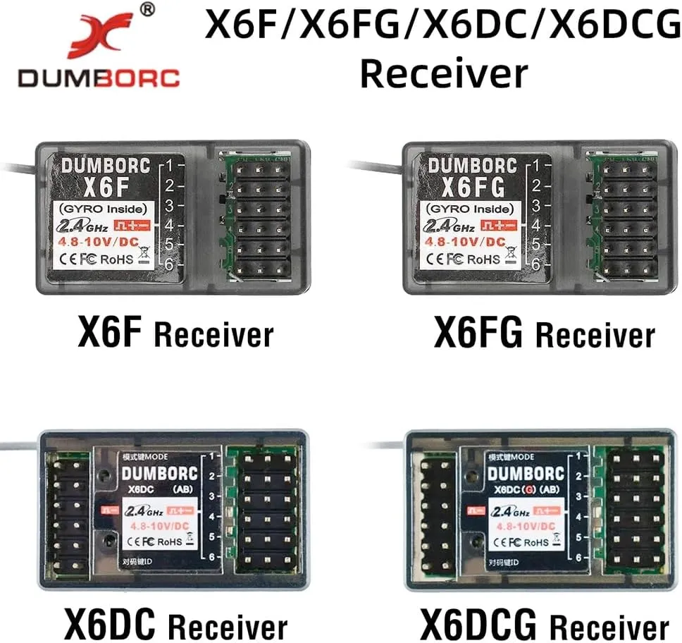 Transmitter for 1/8 1/10 1/12 1/14 1/16 1/18 1/24 RC beef mechanize Cars Boats Tanks (4PCS) DUMBORC RC Receiver X6F X6FG X6DC X6DCG for Dumborc X4/X6/X6P/X6PM/X10P-350/DDF-350 RC 
