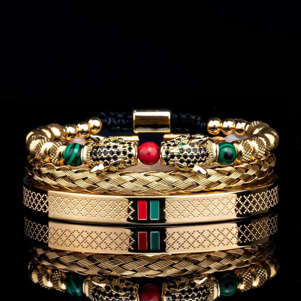 uphold Head Roman Numeral Bracelet Stainless Steel Jewelry 3pcs/set Classical Handmade Braiding Bracelet Hip Hop Men Pave CZ Leopard 