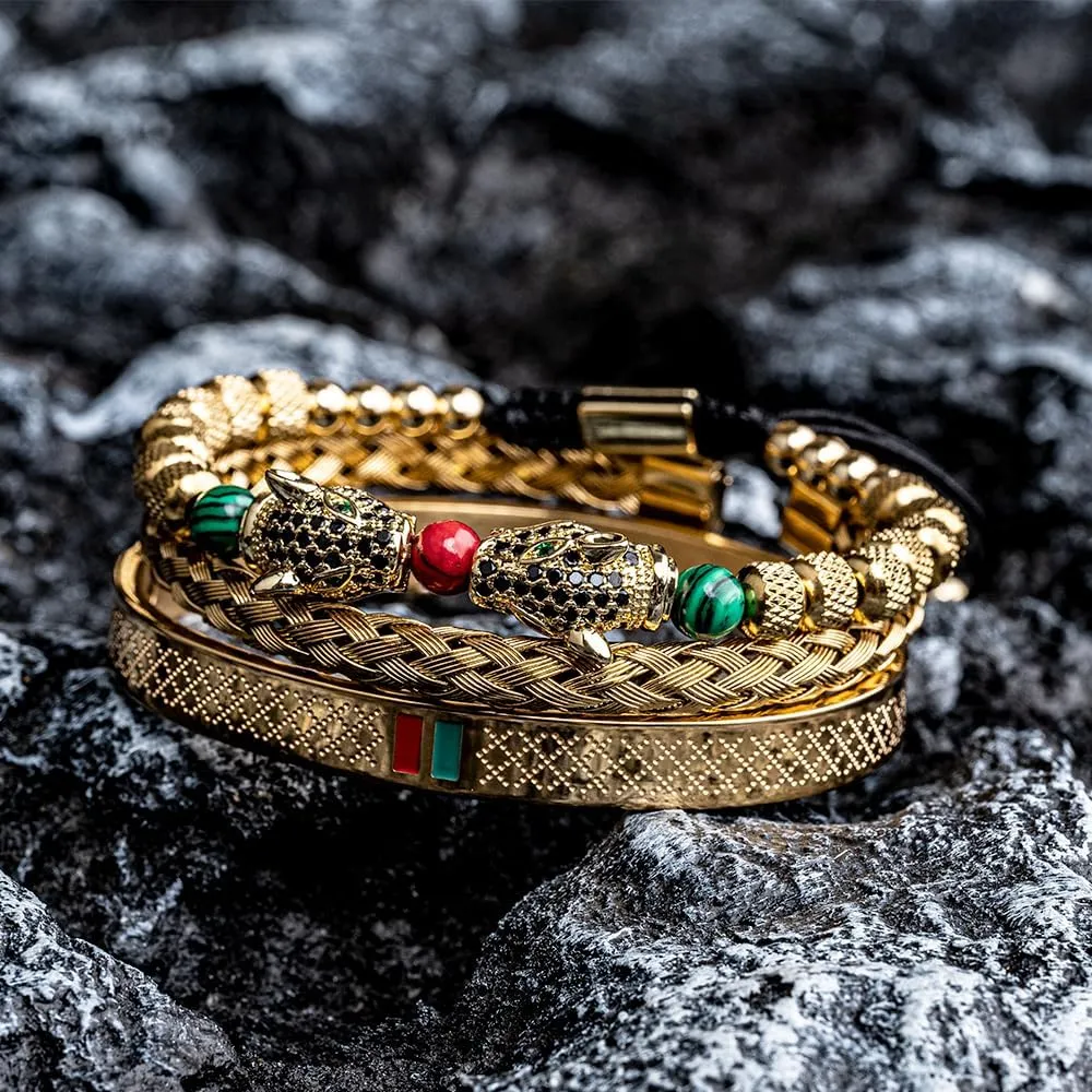 uphold Head Roman Numeral Bracelet Stainless Steel Jewelry 3pcs/set Classical Handmade Braiding Bracelet Hip Hop Men Pave CZ Leopard 