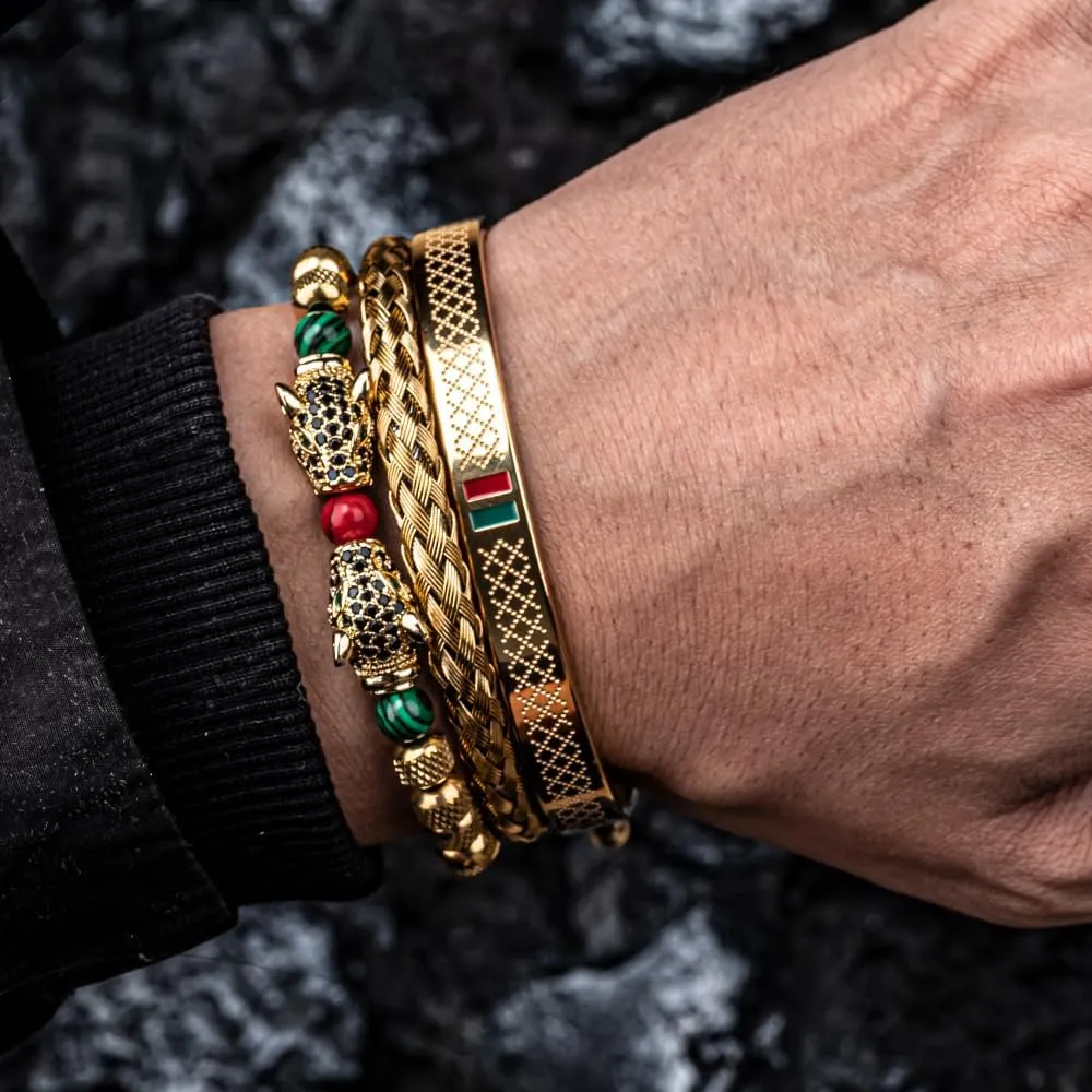 uphold Head Roman Numeral Bracelet Stainless Steel Jewelry 3pcs/set Classical Handmade Braiding Bracelet Hip Hop Men Pave CZ Leopard 