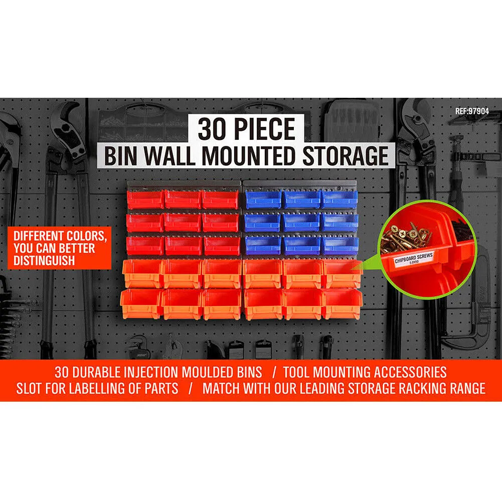 US Wall Mounted Storage Bins Container 30-Bin Rack Organizer Garage Tools Crafts