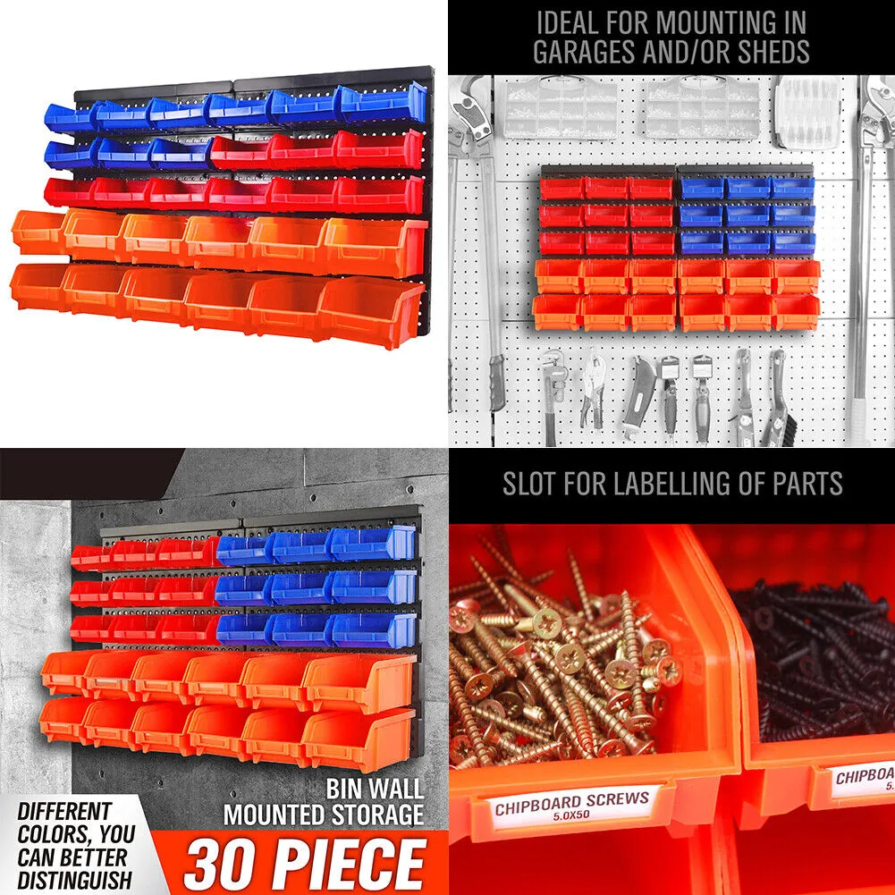 US Wall Mounted Storage Bins Container 30-Bin Rack Organizer Garage Tools Crafts