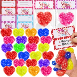 Valentine Gifts Classroom Exchange for Boys Girls Party Favor 28 Pack Valentines Day Gifts for Kids- Prefilled Heart Fidget Stress Ball with Valentines Cards for Kids School Stress spiral Relief Squeeze Toy$ 