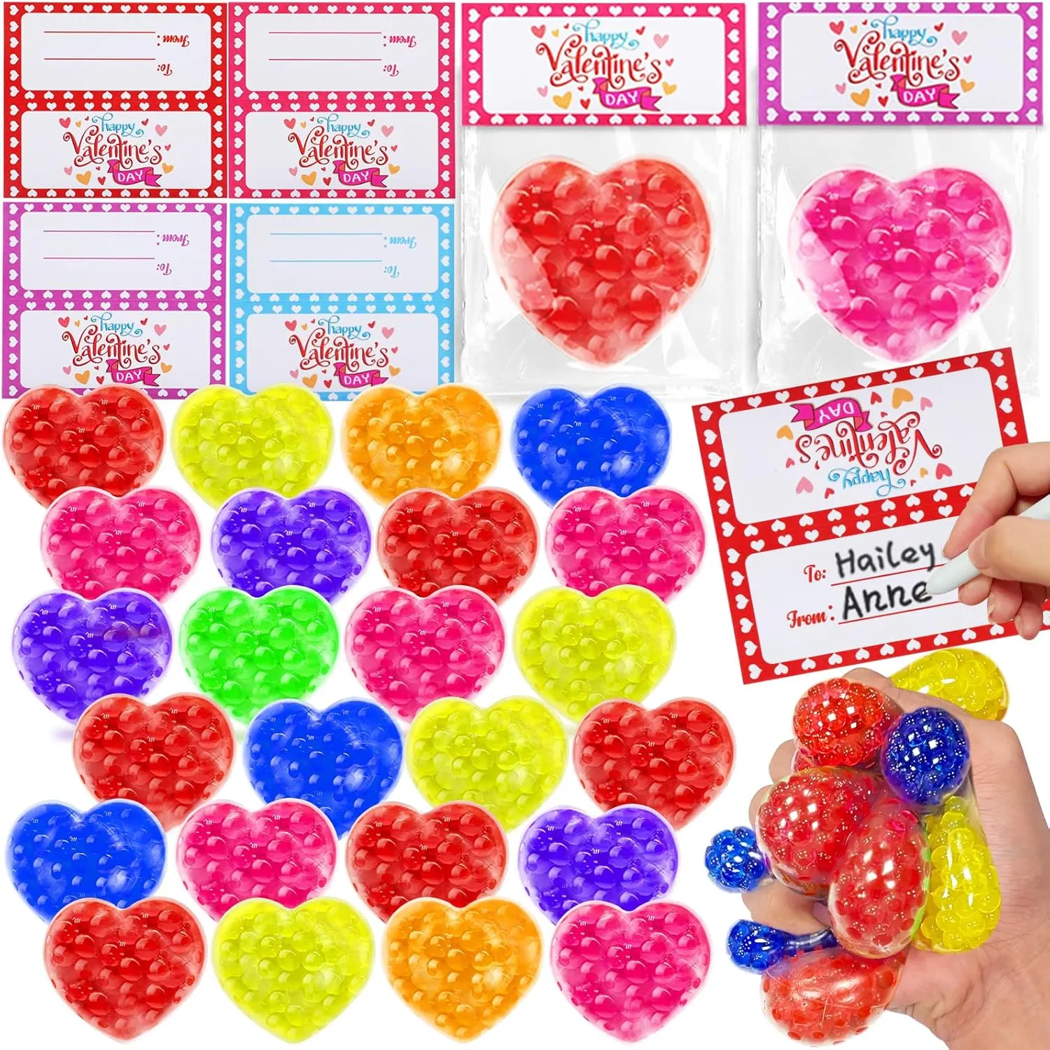 Valentine Gifts Classroom Exchange for Boys Girls Party Favor 28 Pack Valentines Day Gifts for Kids- Prefilled Heart Fidget Stress Ball with Valentines Cards for Kids School Stress spiral Relief Squeeze Toy$ 