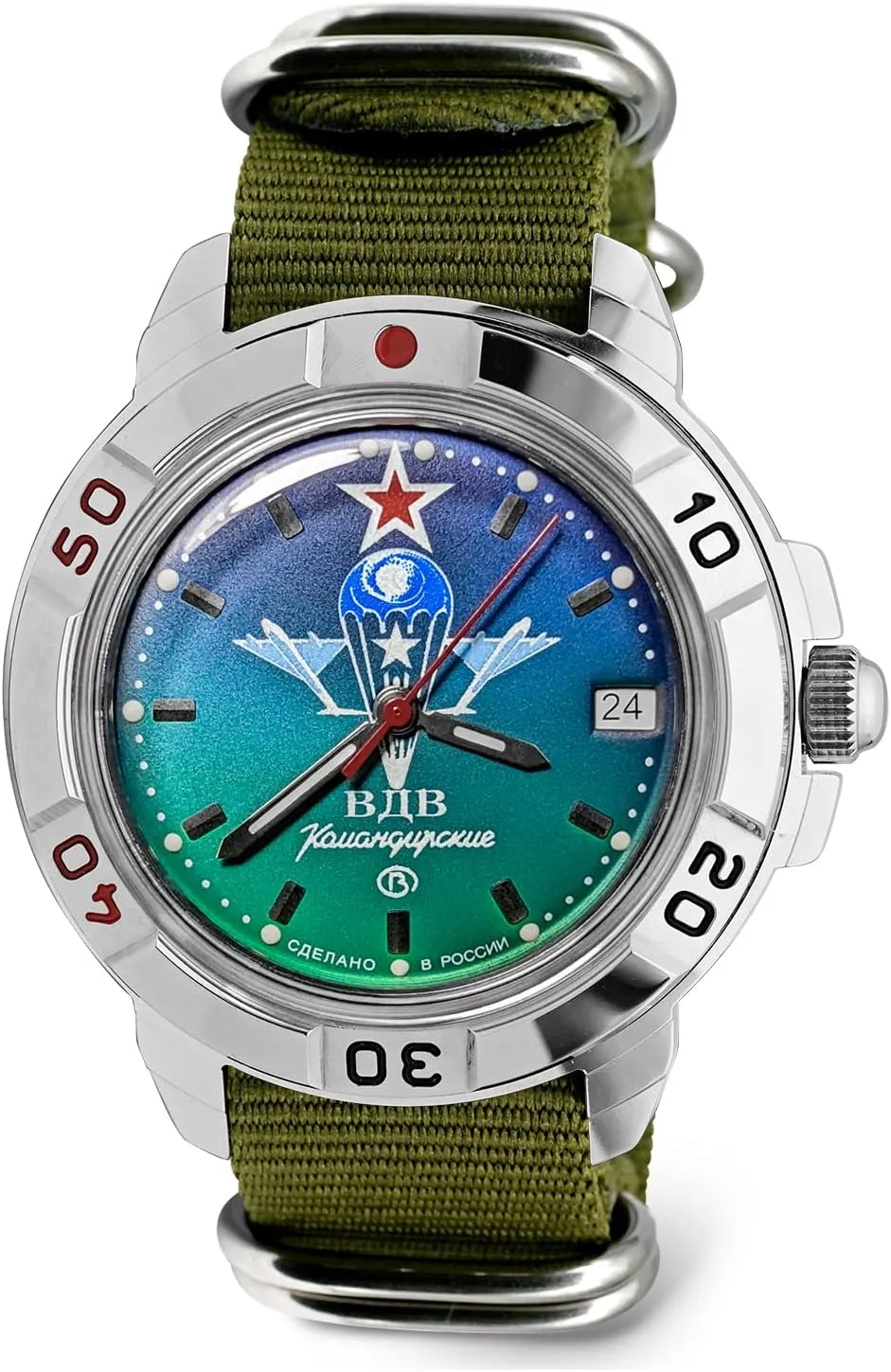 vicissitude confidant predispose vertical chisel alteration Mechanical 40mm Wrist Watch | Model 431021 | WR 20m | Blur-Green Dial Mechanical Watch | Luminous dots | Green Strap B? Vostok | VDV Komandirskie Military Commander Airborne Forces 