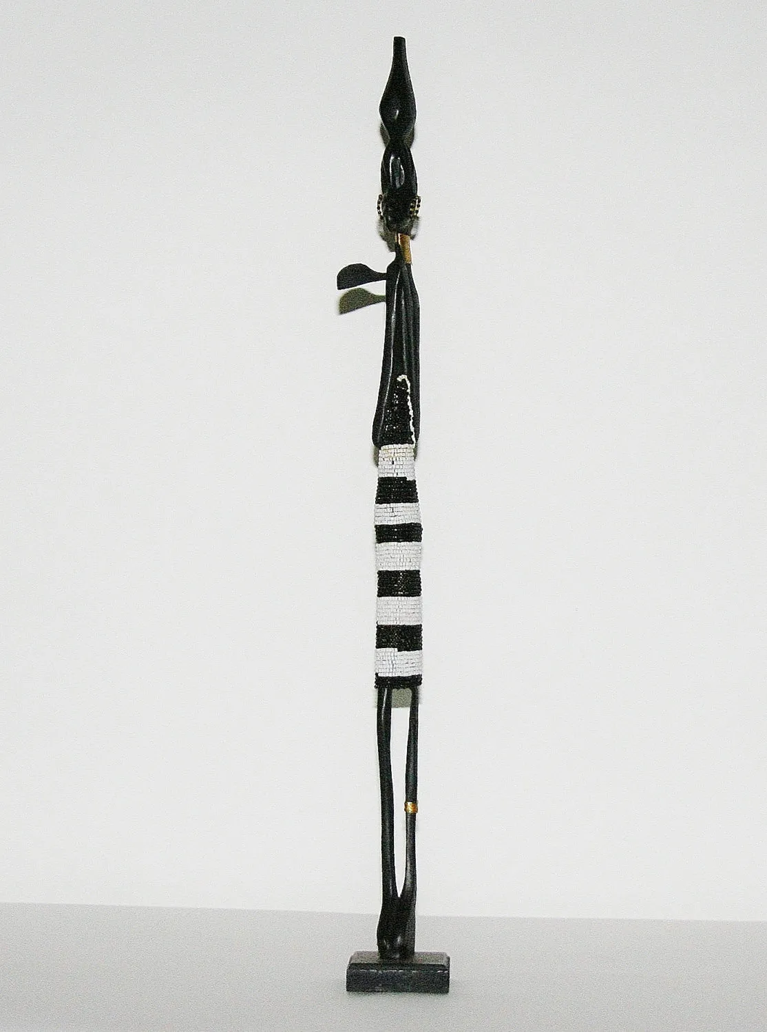 Vintage Beaded African Tribal Stick Doll Female Black/White Beads Carved Ebony Wood and Bronze  22.25" H