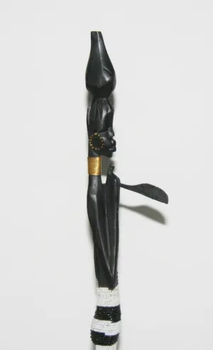 Vintage Beaded African Tribal Stick Doll Female Black/White Beads Carved Ebony Wood and Bronze  22.25" H