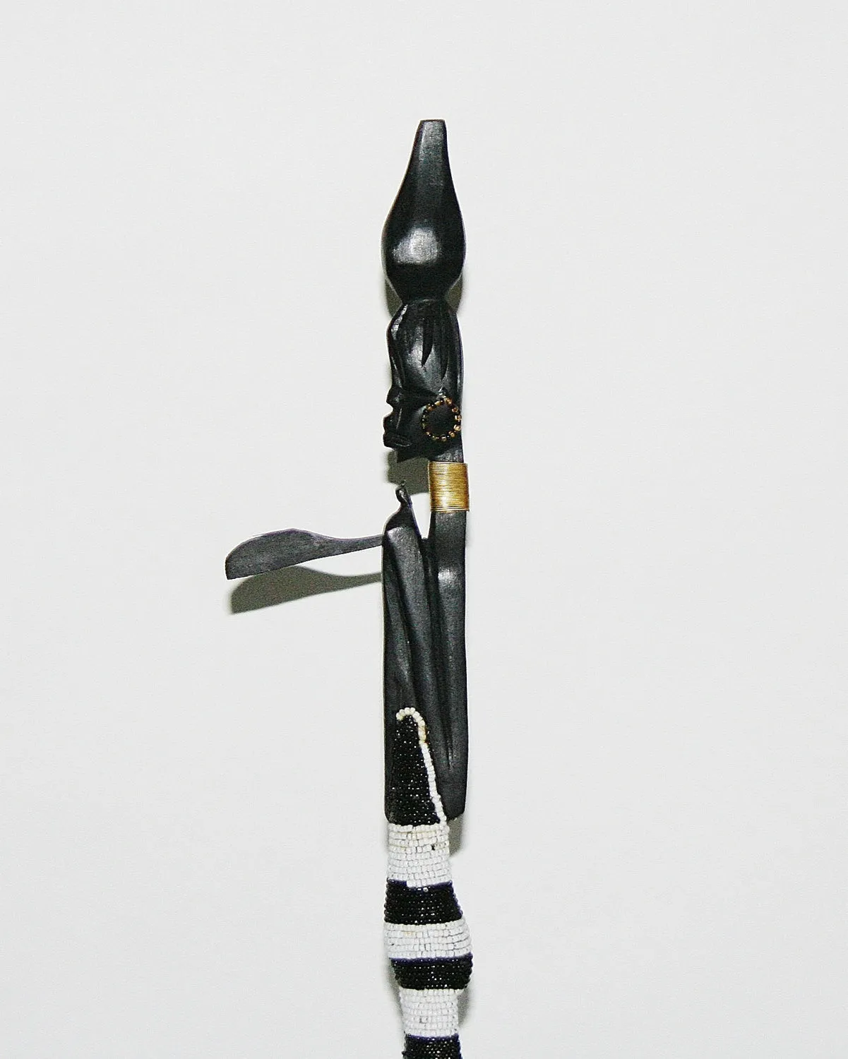 Vintage Beaded African Tribal Stick Doll Female Black/White Beads Carved Ebony Wood and Bronze  22.25" H