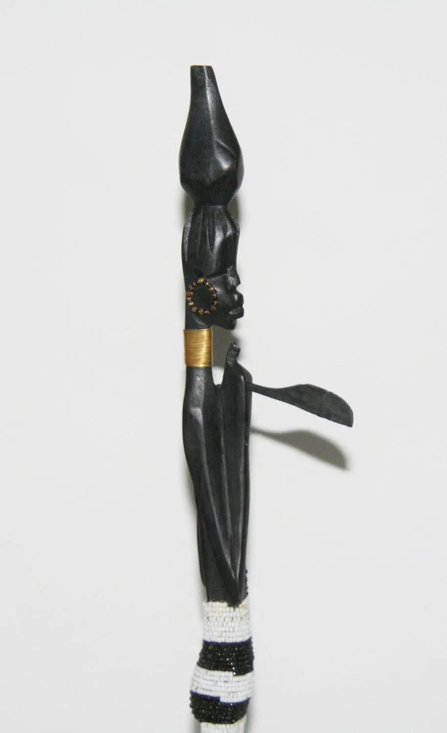 Vintage Beaded African Tribal Stick Doll Female Black/White Beads Carved Ebony Wood and Bronze  22.25" H