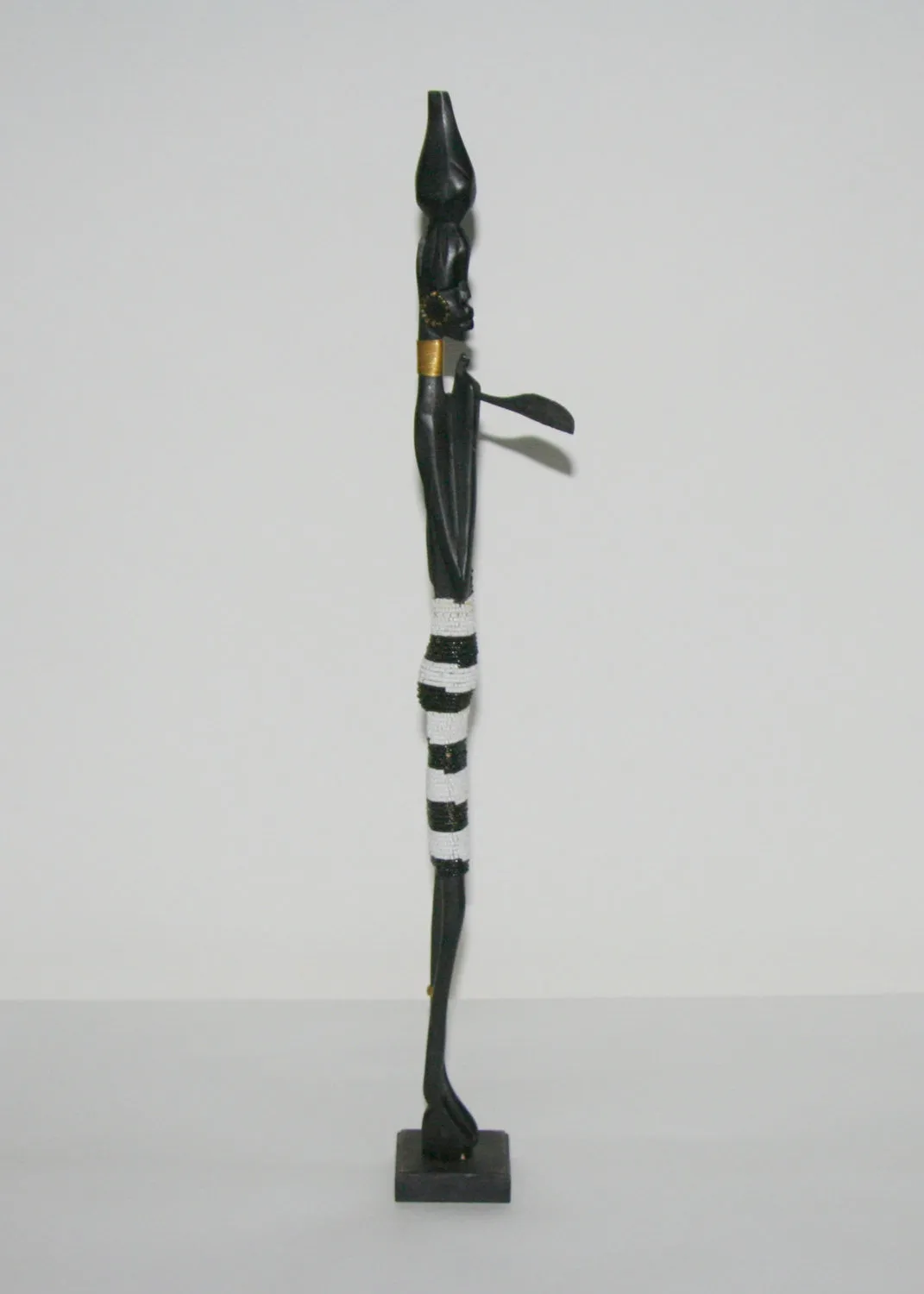 Vintage Beaded African Tribal Stick Doll Female Black/White Beads Carved Ebony Wood and Bronze  22.25" H