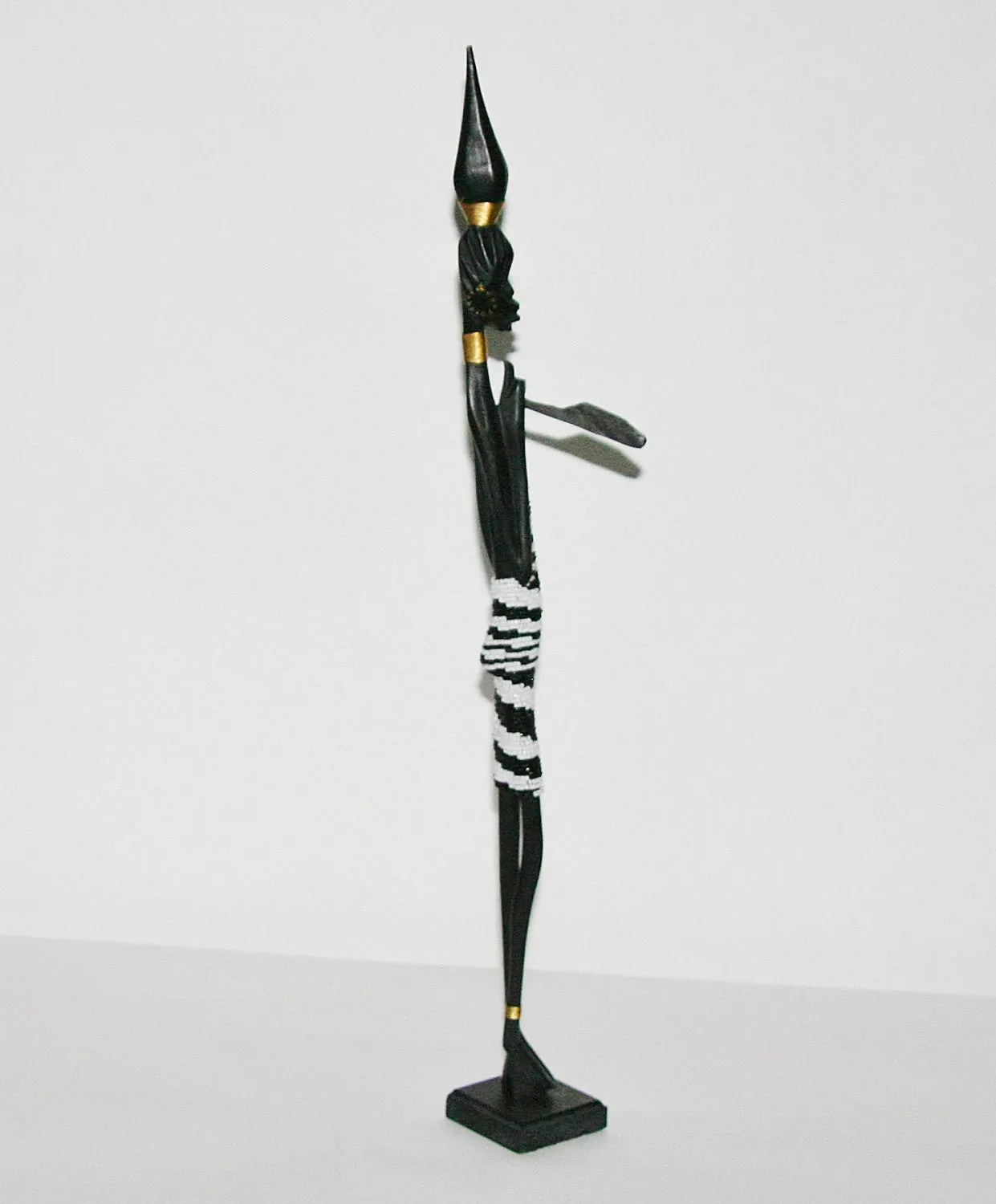 Vintage Beaded African Tribal Stick Doll Female Black/White Beads Carved Ebony Wood and Bronze  22" H
