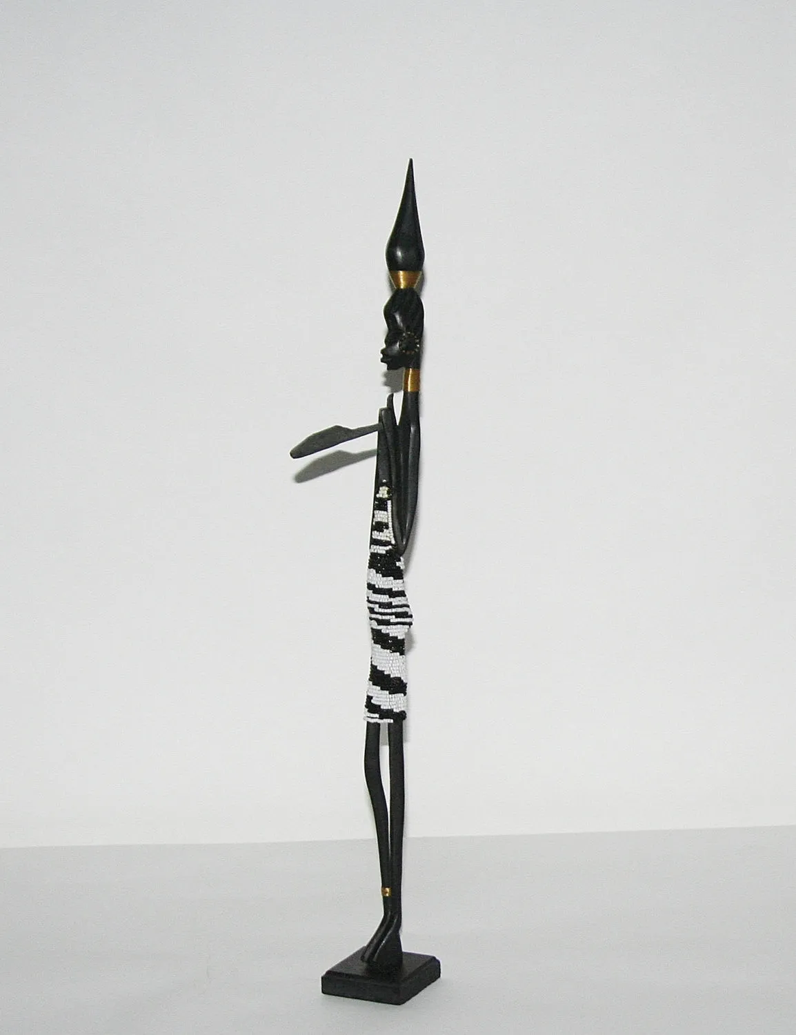 Vintage Beaded African Tribal Stick Doll Female Black/White Beads Carved Ebony Wood and Bronze  22" H