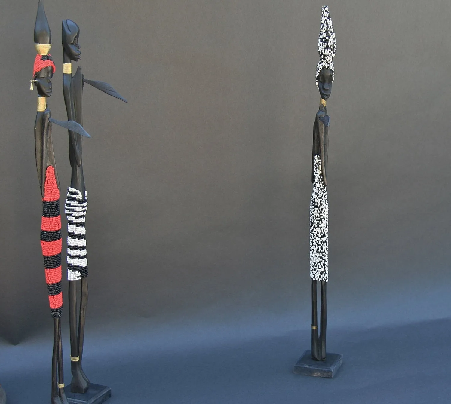 Vintage Beaded African Tribal Stick Doll Female Red/Black Beads Carved Ebony Wood and Bronze  22" H