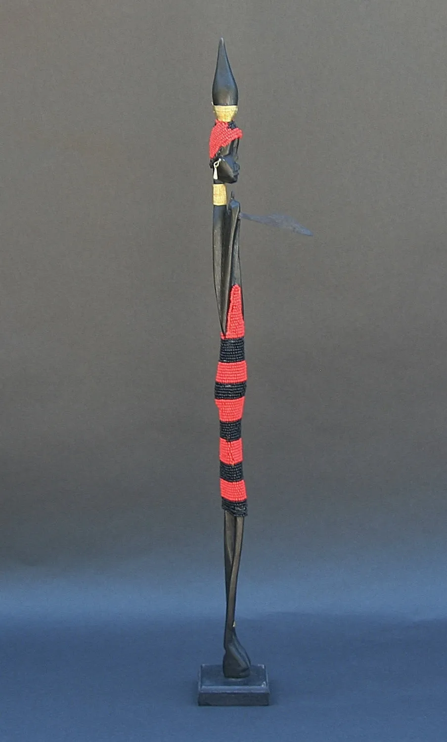 Vintage Beaded African Tribal Stick Doll Female Red/Black Beads Carved Ebony Wood and Bronze  22" H