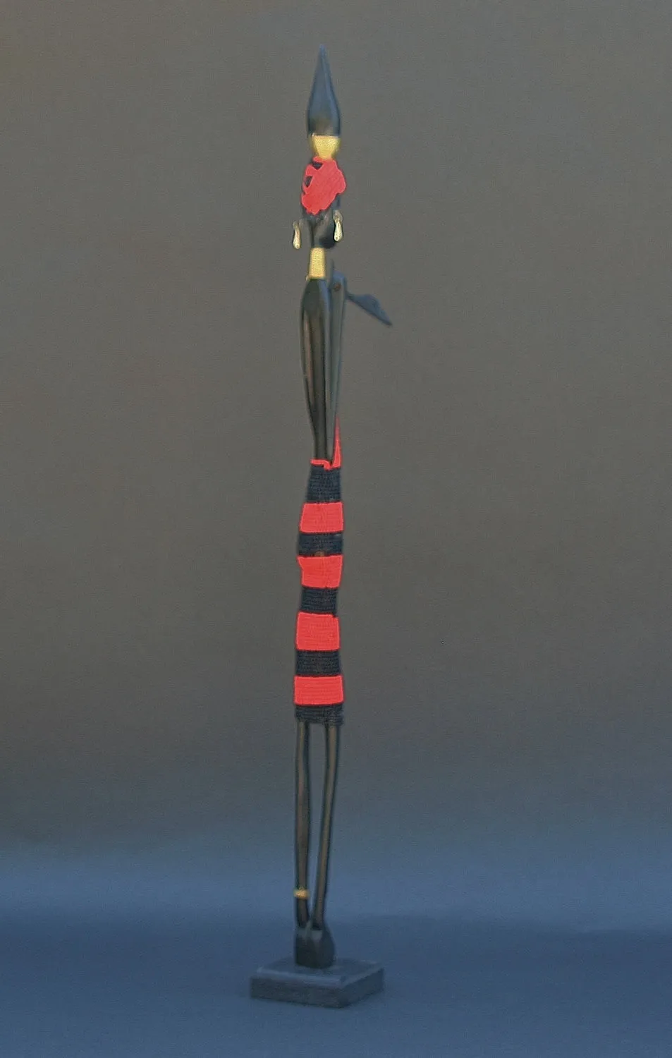 Vintage Beaded African Tribal Stick Doll Female Red/Black Beads Carved Ebony Wood and Bronze  22" H