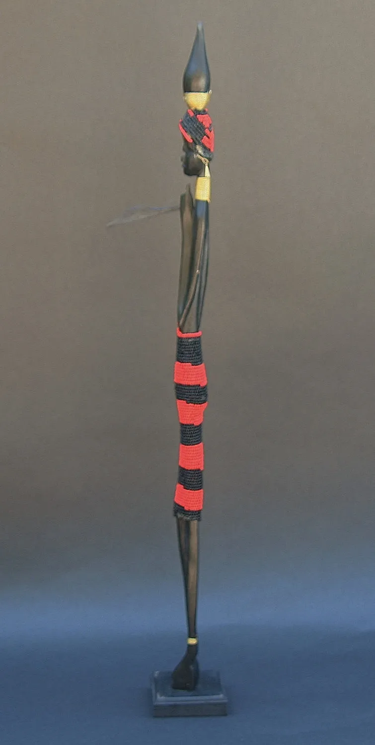 Vintage Beaded African Tribal Stick Doll Female Red/Black Beads Carved Ebony Wood and Bronze  22" H