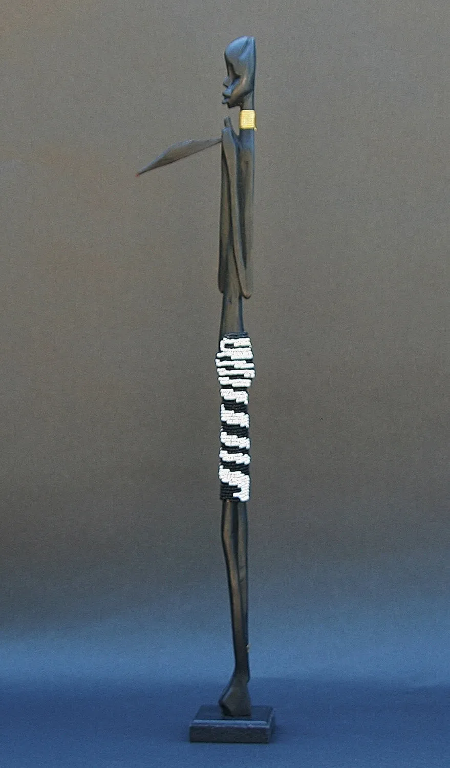Vintage Beaded African Tribal Stick Doll Male Black/White Beads Carved Ebony Wood and Bronze  20.5" H