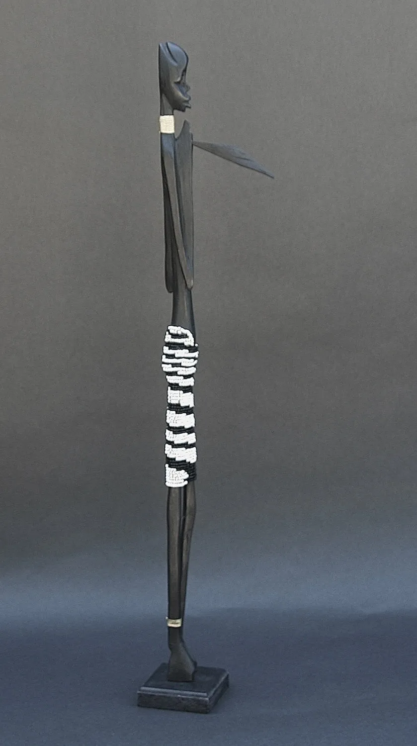 Vintage Beaded African Tribal Stick Doll Male Black/White Beads Carved Ebony Wood and Bronze  20.5" H