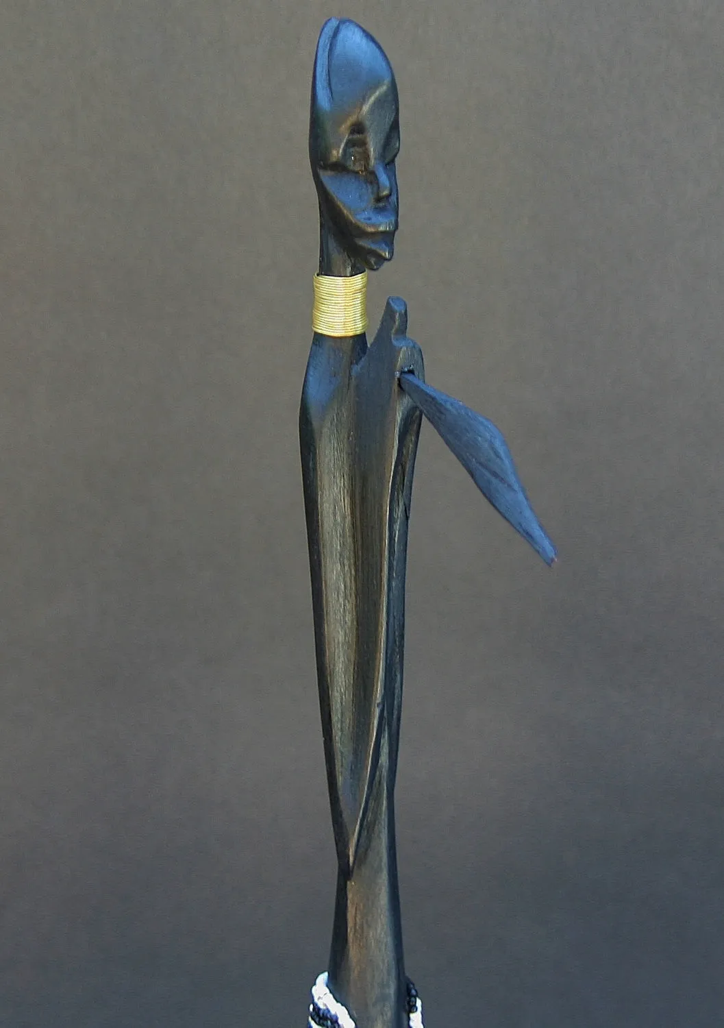 Vintage Beaded African Tribal Stick Doll Male Black/White Beads Carved Ebony Wood and Bronze  20.5" H