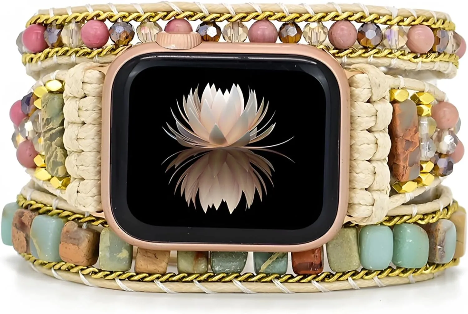 Watch Band With Natural Stone Wrap, regulatory Adjustable Sizes 38-41Mm, Handcrafted Beaded Strap Multi-Layer Boho 
