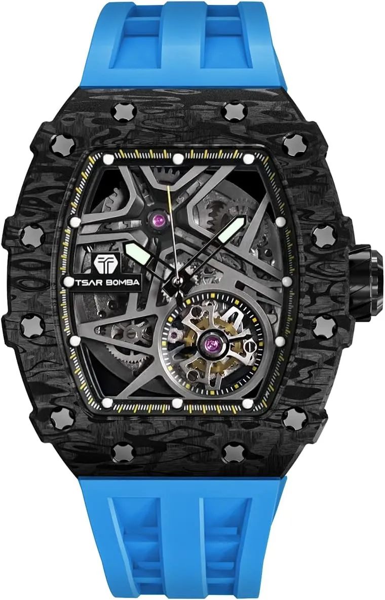 Watch - Square Wrist Watch Silicone Band Luminous - Gifts for Men Luxury Automatic Mechanical Watches for Men - Carbon Fiber Bezel - Japanese Movement Sapphire Glass - 50M flattish befit alter phonetic Waterproof Men's 