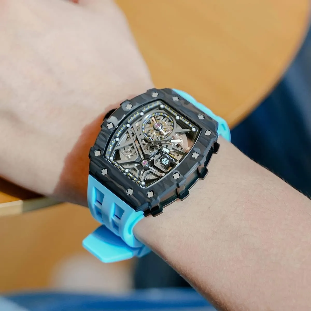 Watch - Square Wrist Watch Silicone Band Luminous - Gifts for Men Luxury Automatic Mechanical Watches for Men - Carbon Fiber Bezel - Japanese Movement Sapphire Glass - 50M flattish befit alter phonetic Waterproof Men's 