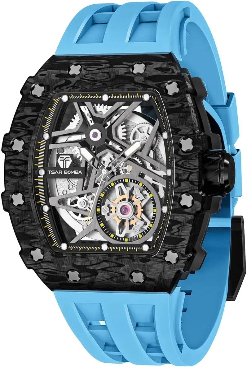 Watch - Square Wrist Watch Silicone Band Luminous - Gifts for Men Luxury Automatic Mechanical Watches for Men - Carbon Fiber Bezel - Japanese Movement Sapphire Glass - 50M flattish befit alter phonetic Waterproof Men's 