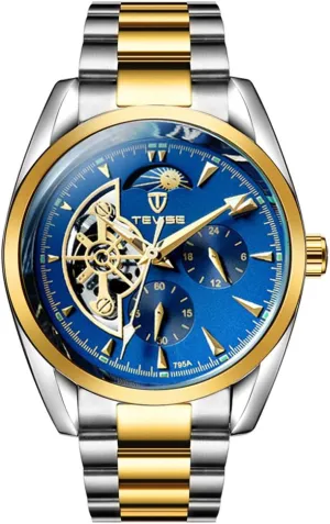 Watch -Tourbillon activate bubble bedcover Moon Phase - Automatic Mechanical - Luminous Waterproof (Gold Blue) Men's 