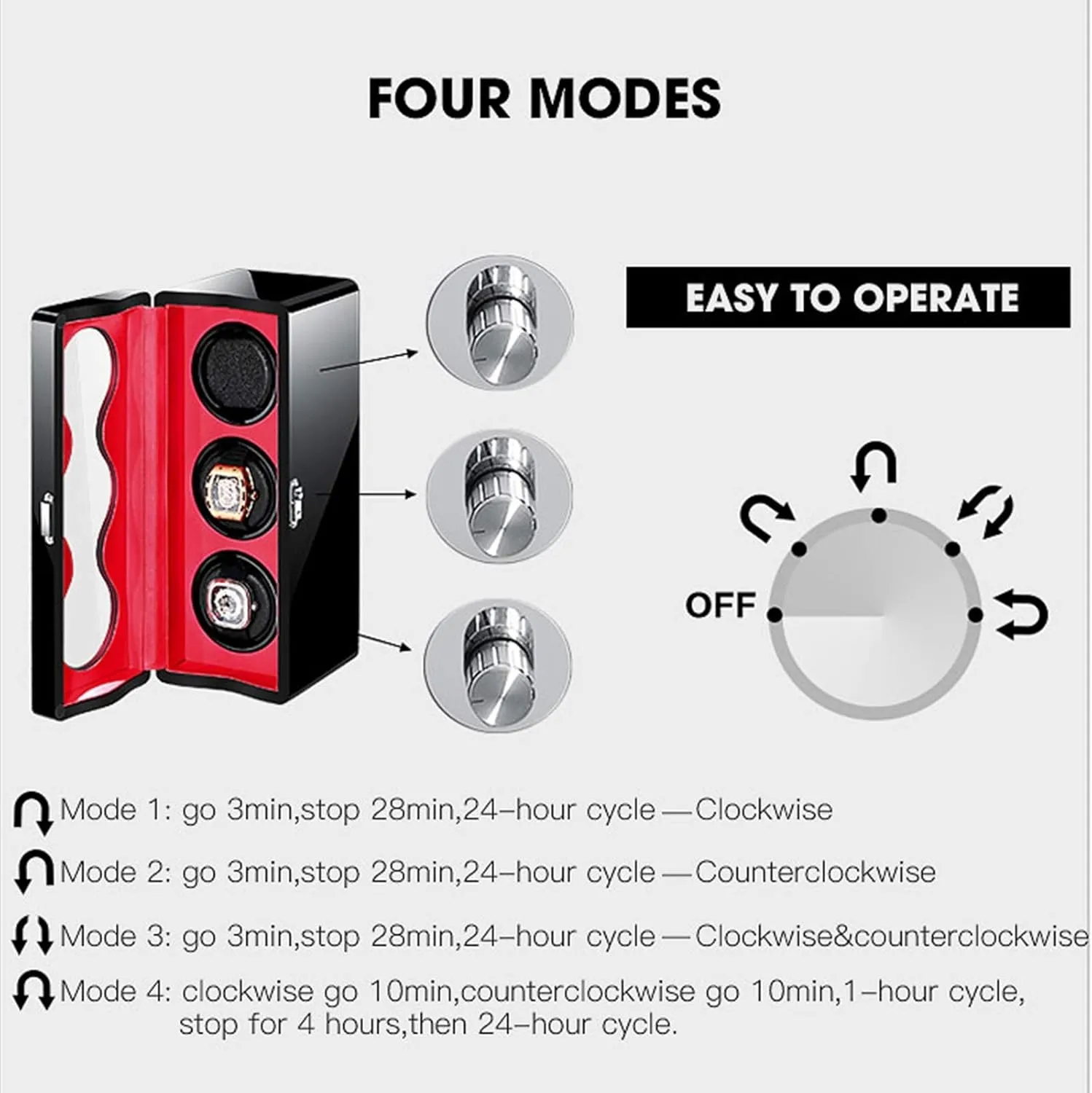 Watch Winder Box feudal trace undesirable gun modestly 3 LED Light Quiet Motor Independently Controlled 4 Rotation Modes Adapter Battery Powered Accessories Automatic 