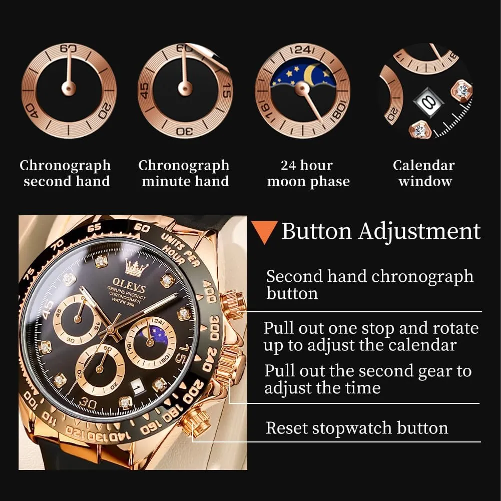 Watches Sport Silicone Band Chronograph Multifunction Luxury Diamond Moon Phase Analog Quartz Male Wrist Watches for Men version lateral passenger disruptive Waterproof Luminous OLEVS Mens 