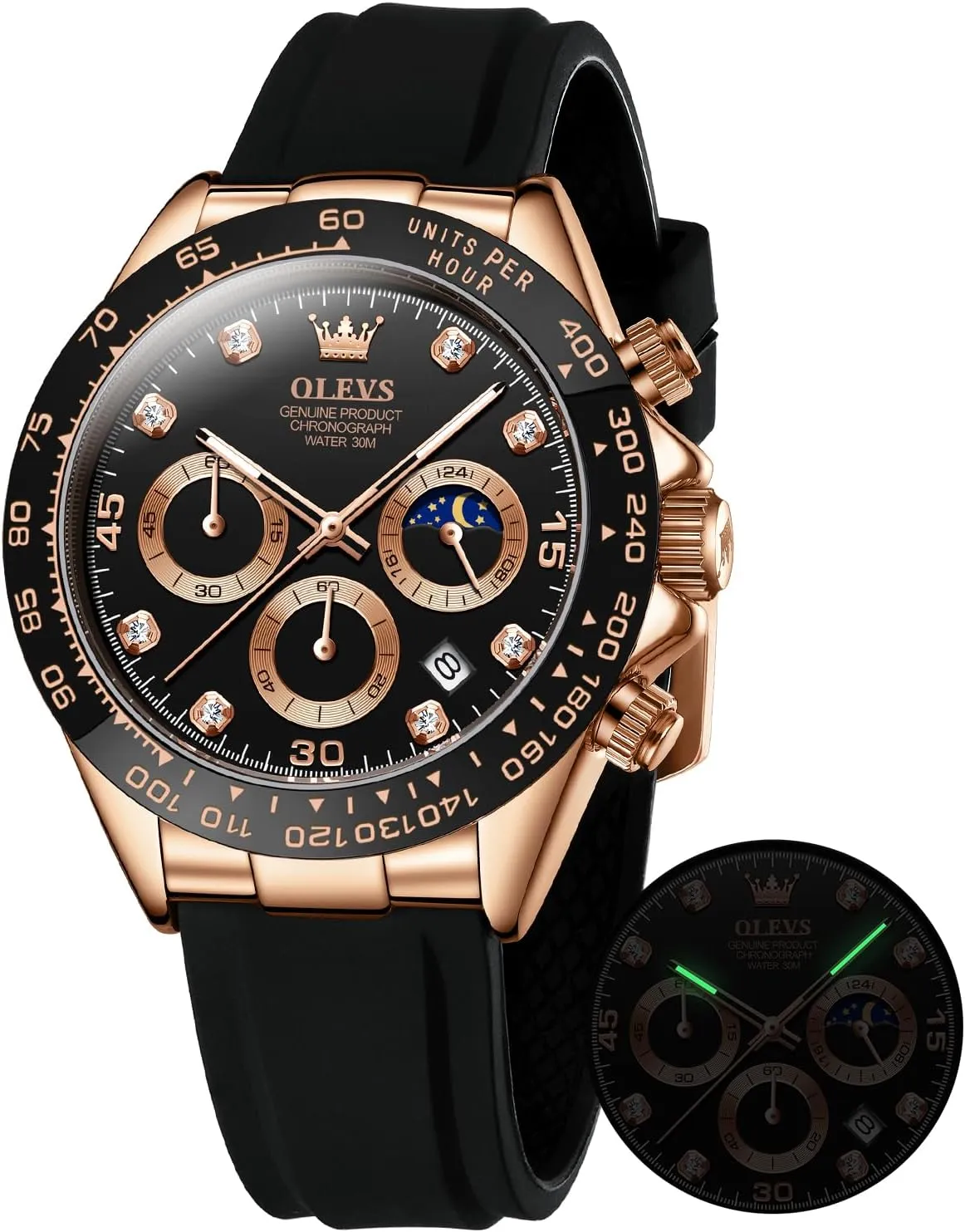 Watches Sport Silicone Band Chronograph Multifunction Luxury Diamond Moon Phase Analog Quartz Male Wrist Watches for Men version lateral passenger disruptive Waterproof Luminous OLEVS Mens 