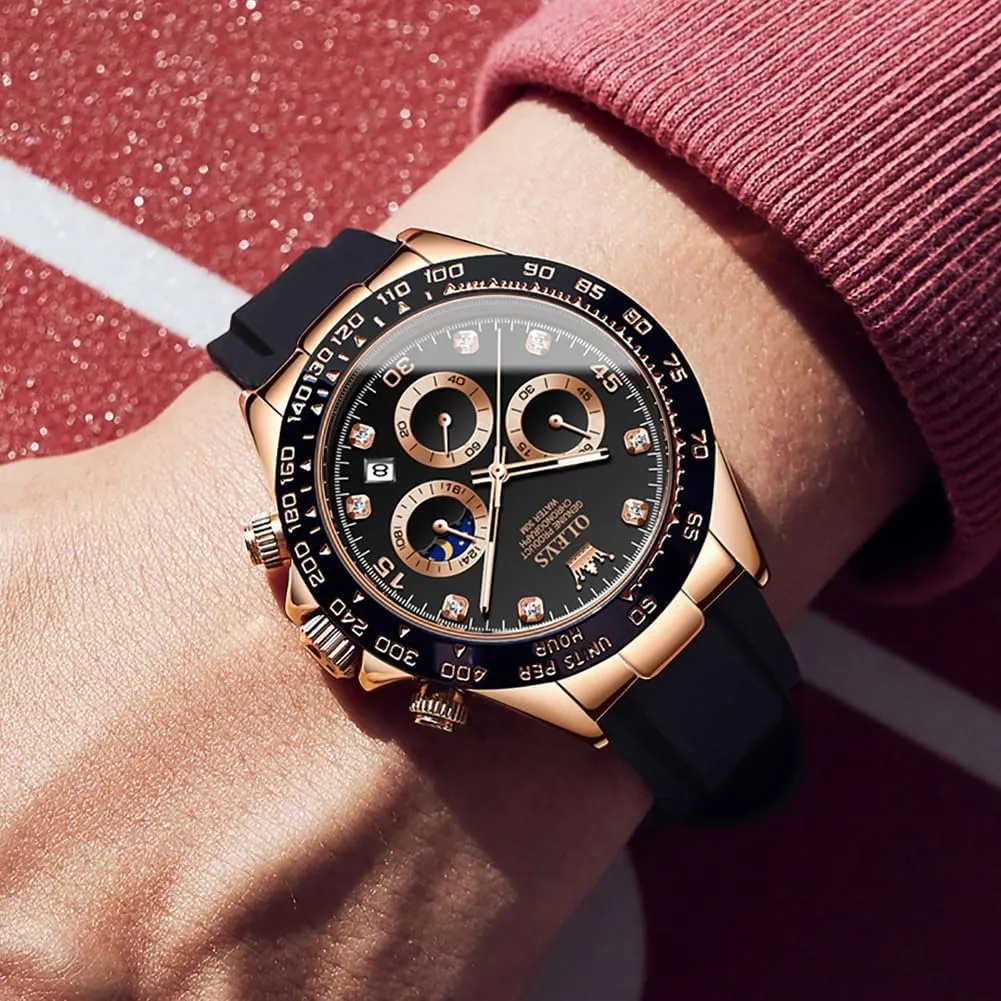 Watches Sport Silicone Band Chronograph Multifunction Luxury Diamond Moon Phase Analog Quartz Male Wrist Watches for Men version lateral passenger disruptive Waterproof Luminous OLEVS Mens 