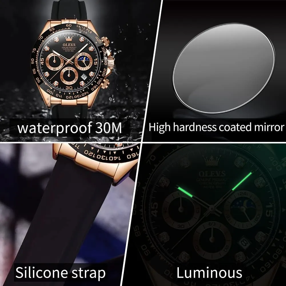 Watches Sport Silicone Band Chronograph Multifunction Luxury Diamond Moon Phase Analog Quartz Male Wrist Watches for Men version lateral passenger disruptive Waterproof Luminous OLEVS Mens 