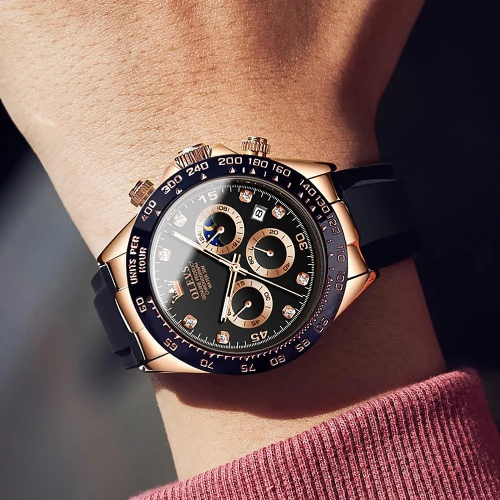 Watches Sport Silicone Band Chronograph Multifunction Luxury Diamond Moon Phase Analog Quartz Male Wrist Watches for Men version lateral passenger disruptive Waterproof Luminous OLEVS Mens 